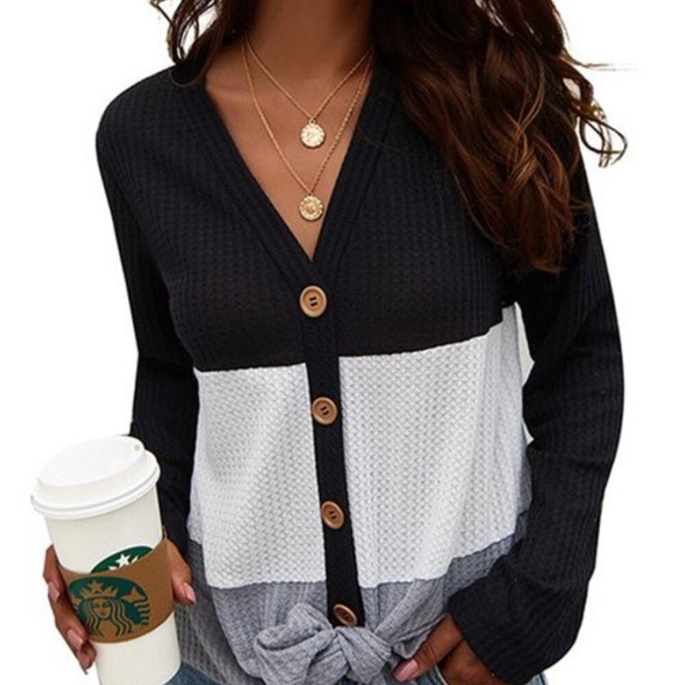 Color Blocking Button Down Tie Front V-Neck Waffle Knit Womens Long Sleeve Top